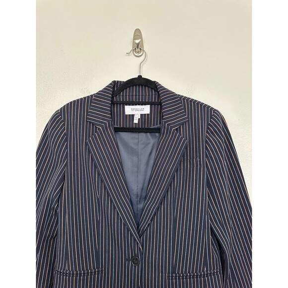 Derek Lam 10 Crosby Power Stripe Blazer Pleated Navy Blue Yellow Structured Sz 8 - Picture 2 of 14